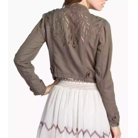 Free People Moto Jacket Cutwork Asymmetrical Zip Green Cropped Jacket SZ 4 EUC - Picture 3 of 12